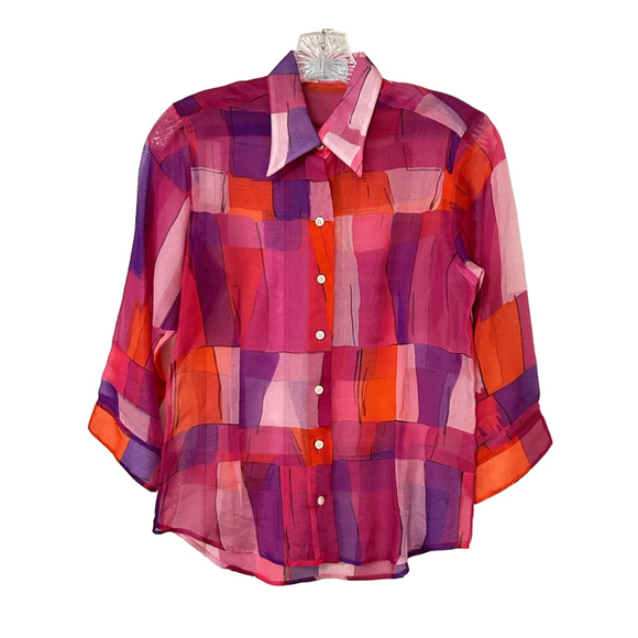 PINK Woman Tops - Thomas PINK Silk Blouse Geometric Print Button Front Women’s 8